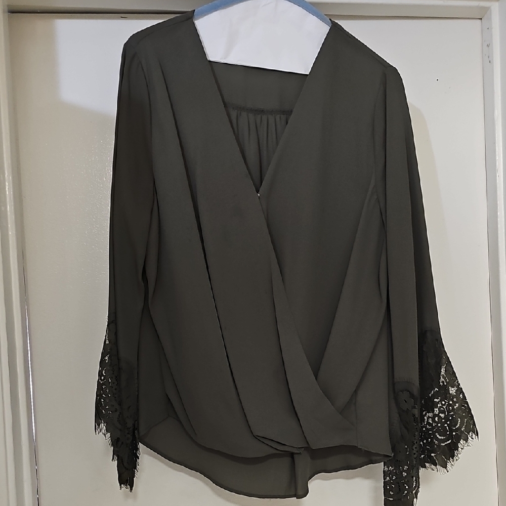 Iz Byer Olive Green Wrap Blouse with Lace Trim
